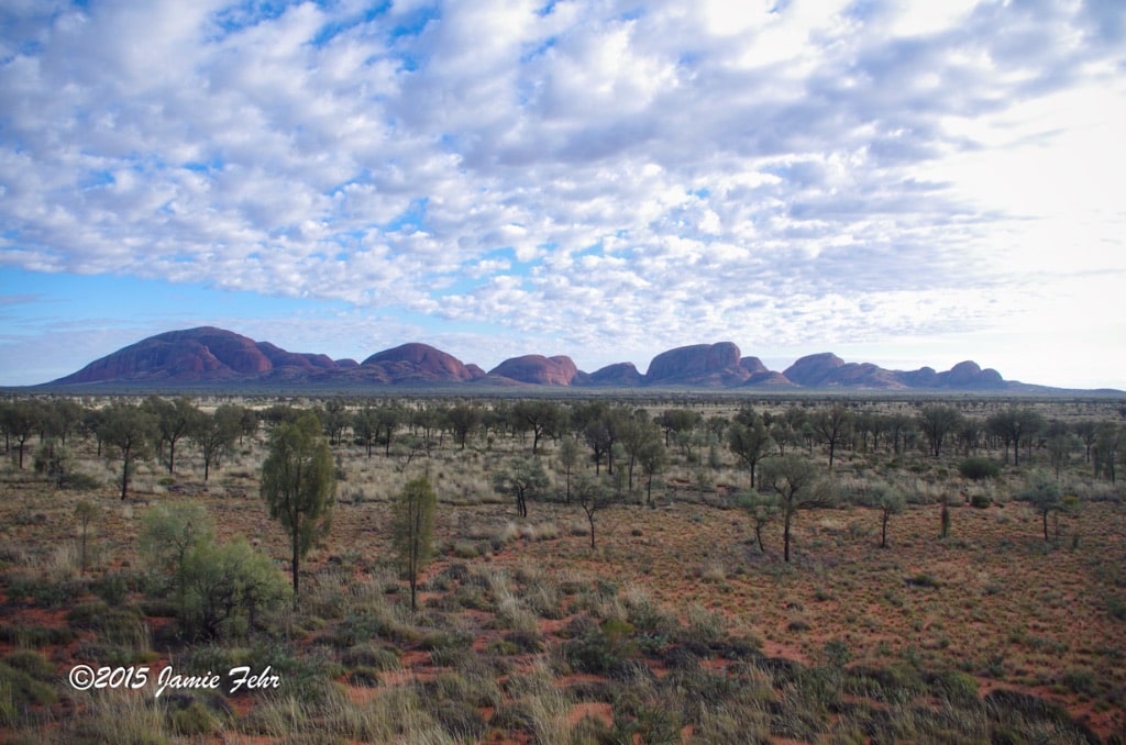 The entire width of the Kata Tjuta (as seen from this angle), from a distant viewpoint.