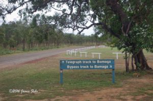 A sign showing two routes to the town of Bamaga, the Telegraph Track and the Bypass Track.