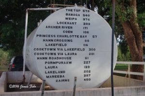 This is a fuel tank at the Musgrave Roadhouse, with distances listed for many towns along the route through the Cape York Peninsula.
